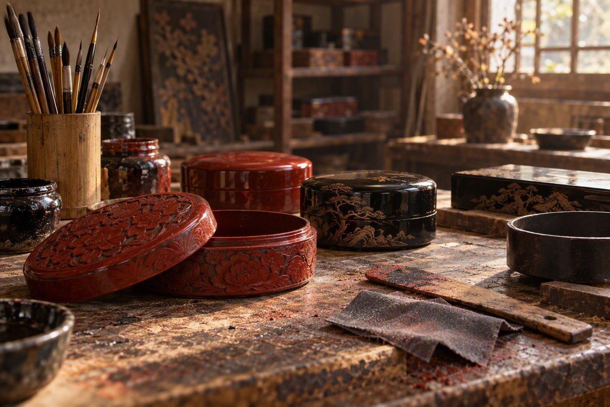 A lacquer workshop bench with half-finished boxes, brushes and jars of lacquer